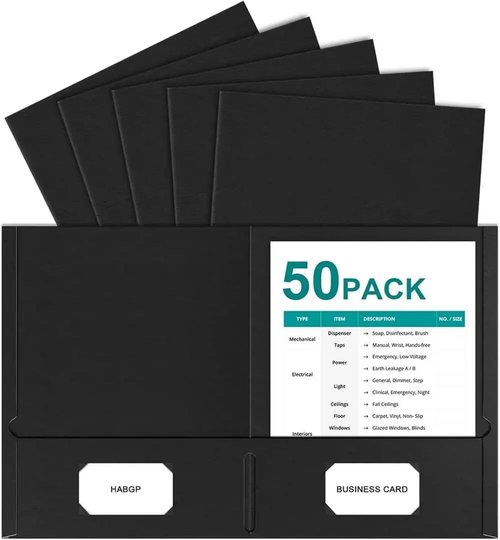 2 Pocket Folders 50 Pack Black Paper File Folders with Pockets for Office School